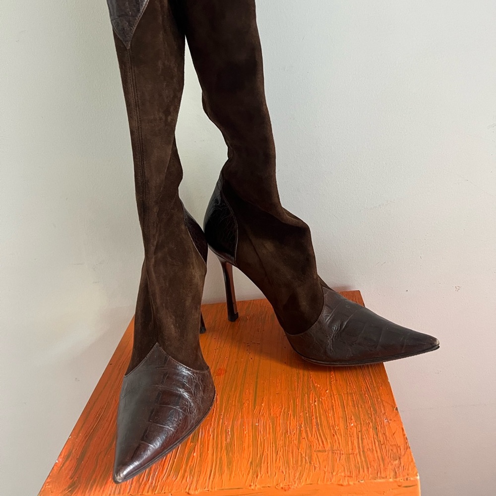 Slim Brown Suede Calf Boots